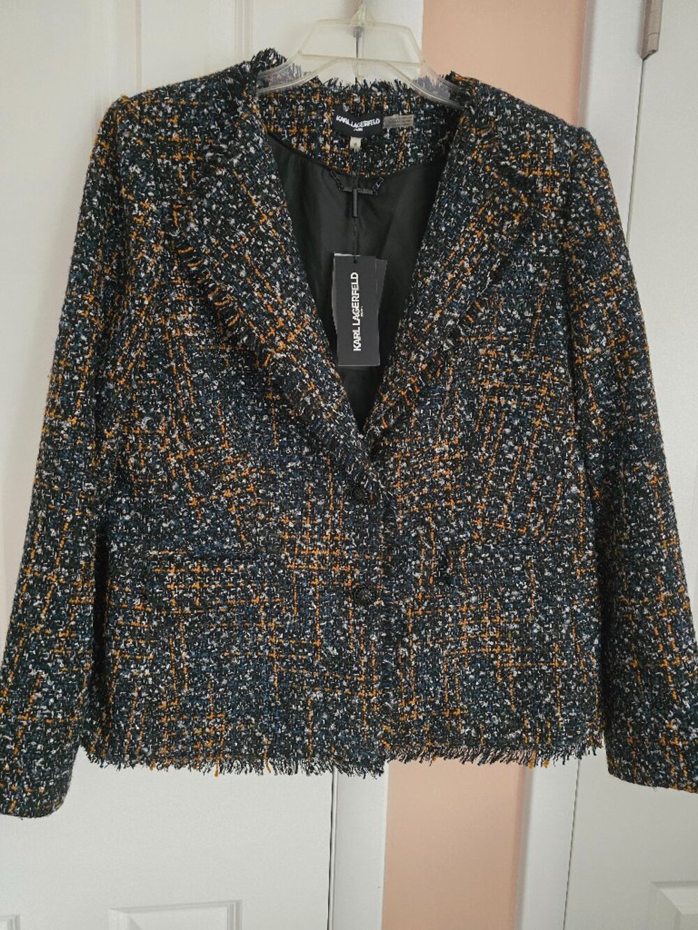 NWT Karl Lagerfeld Paris Tweed Fringe Bouclé Career Blazer Jacket Size 16